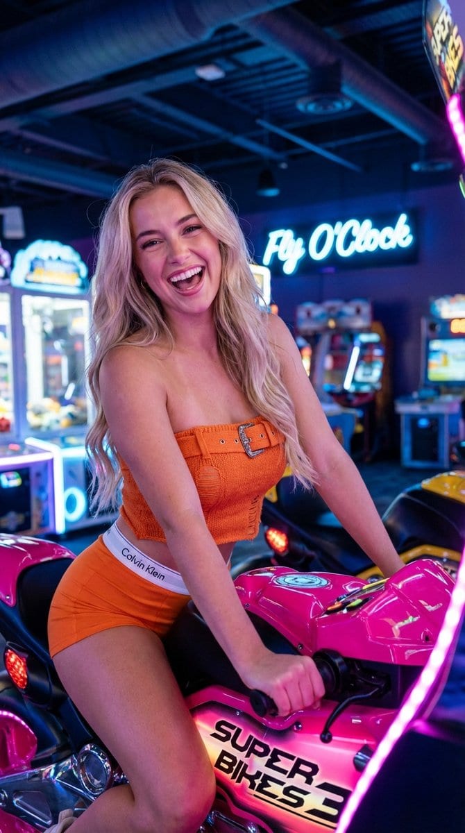 Vibrant Arcade Portrait with Orange Outfit and Neon Lights - AI Generated Character Style Image Example
