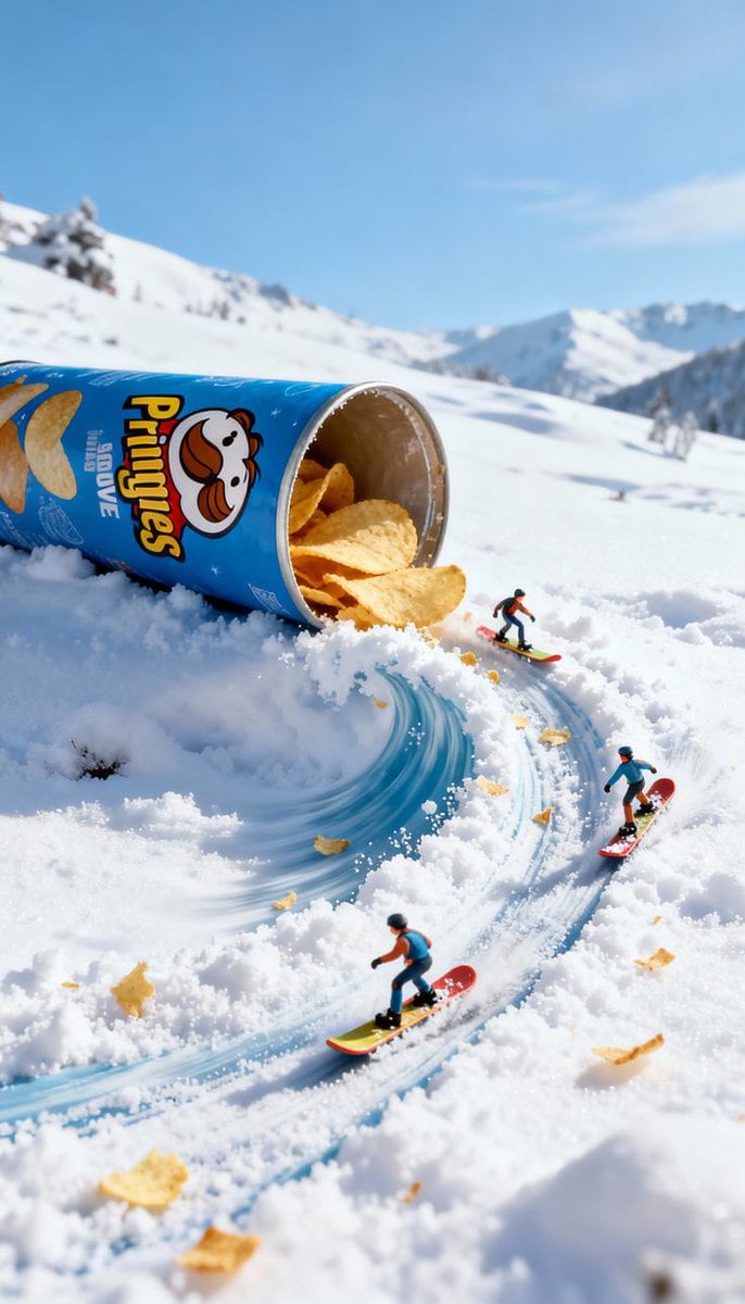 Video prompt for surreal miniature Pringles can snowboard scene - AI Prompt