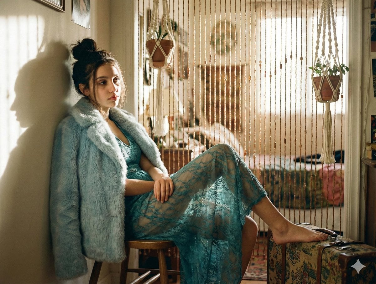 Vintage 2016 Bohemian Bedroom Portrait - AI Generated Character Style Image Example