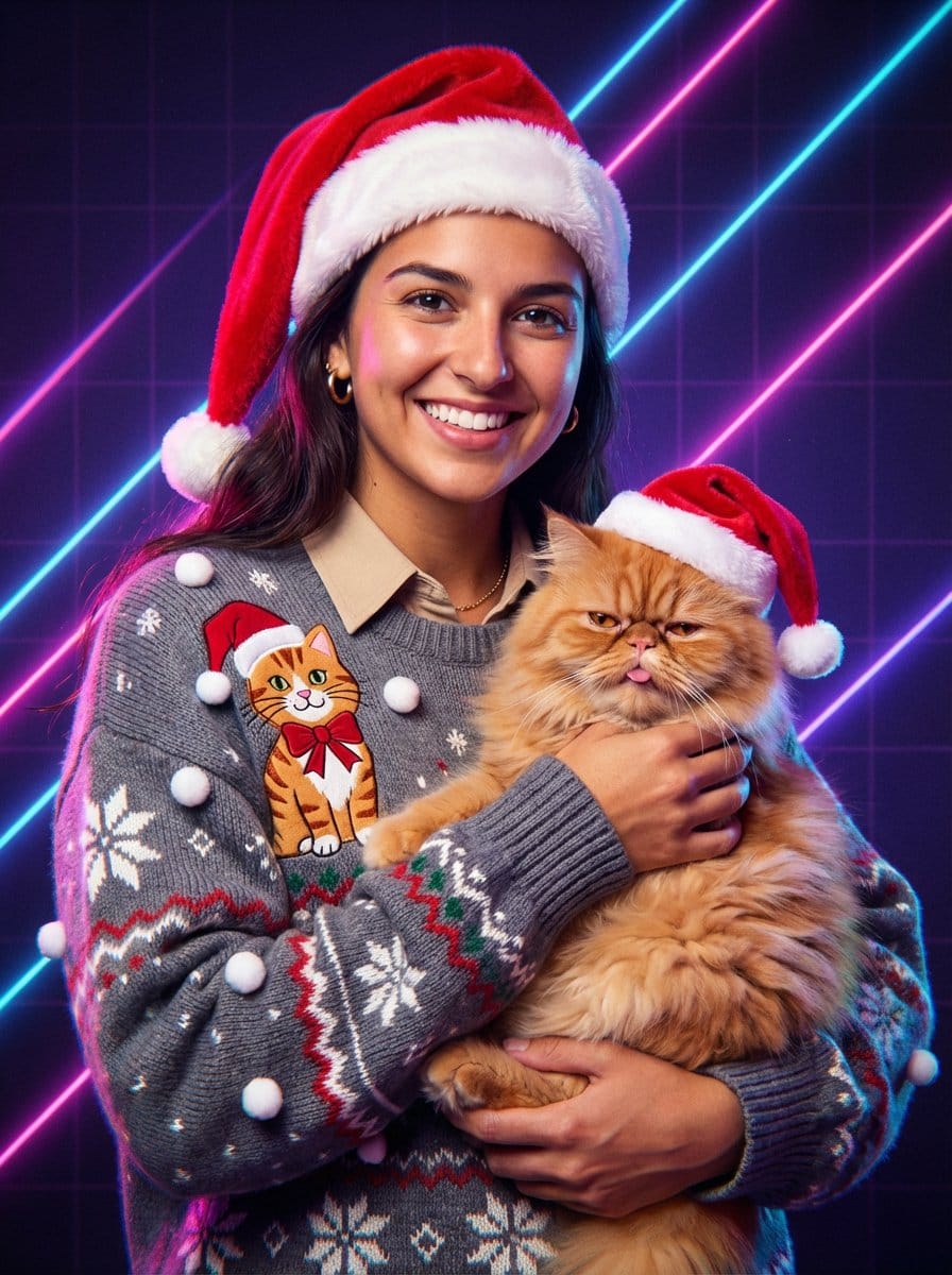 Vintage 80s Laser Portrait of Man with Cat in Santa Hats - AIプロンプト