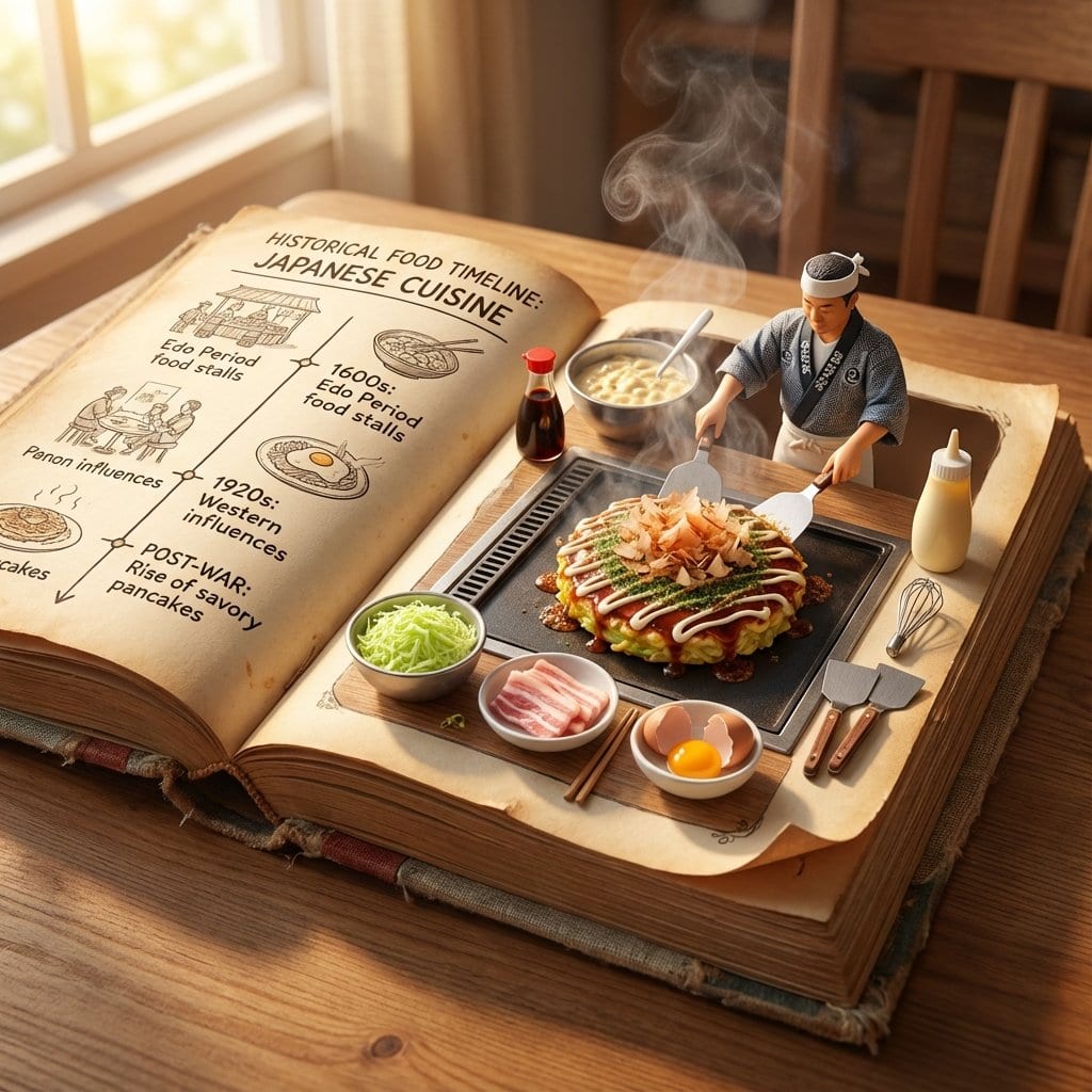 Vintage Cookbook Food Scene Template (Okonomiyaki) - AI提示词