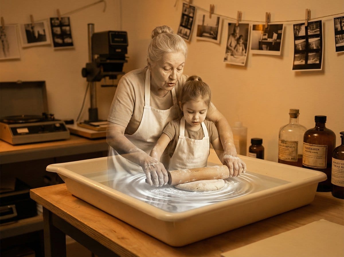 Vintage Photograph Developing in Darkroom with 3D Emergence - AI Generated Realistic Style Image Example