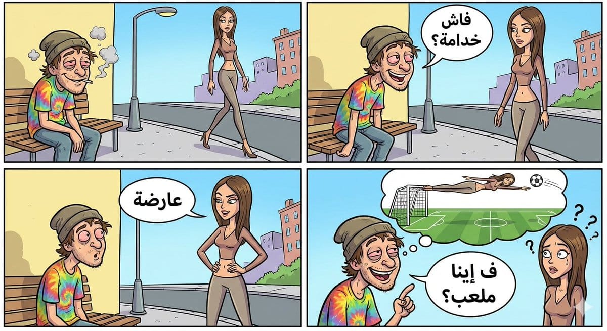 Visual story cartoon for a Moroccan Arabic joke - AI Generated AI Art Style Image Example