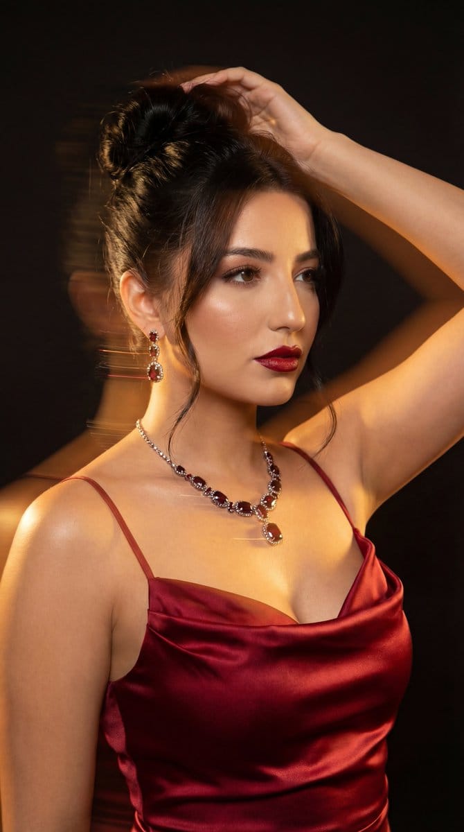 Vogue-Style Cinematic Portrait in Red Satin (Duplicate) - AI Generated Character Style Image Example