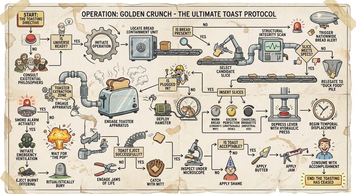 Wacky flowchart for toasting bread - AI Generated AI Art Style Image Example