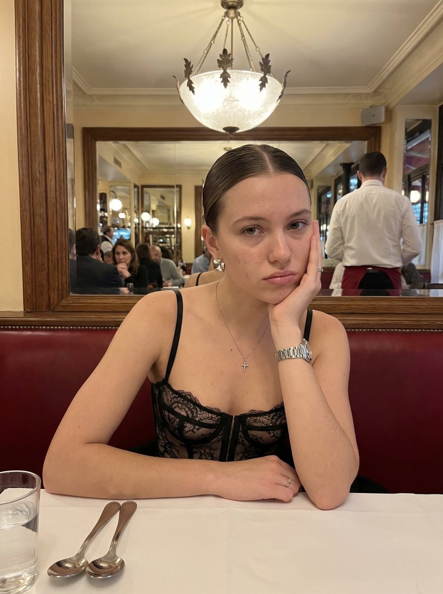Preview image for Warm-Lit Bistro Portrait of a Young Woman prompt
