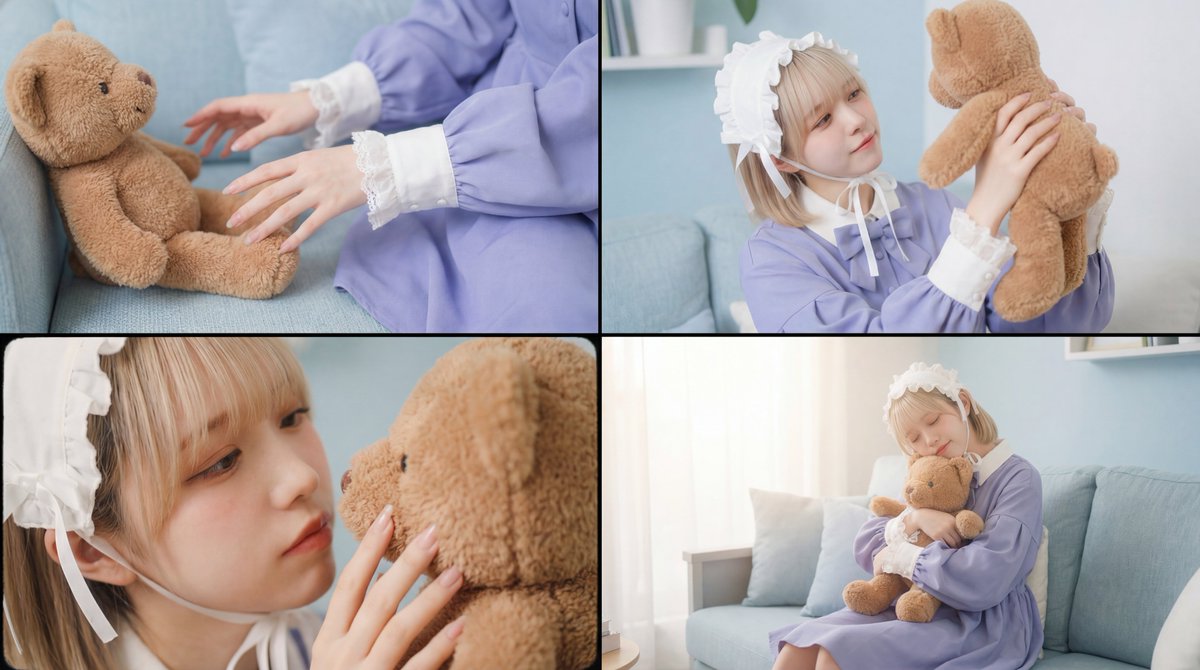 Preview image for Warm, Nostalgic Cinematic Video of a Woman with a Teddy Bear prompt