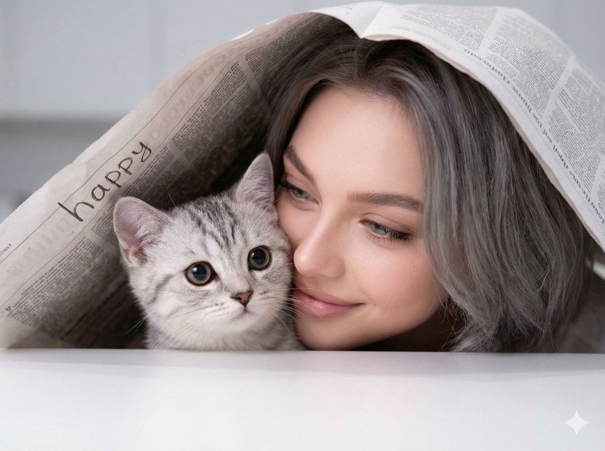 Warm Portrait of Woman and Kitten Peeking Under Paper - AI 프롬프트