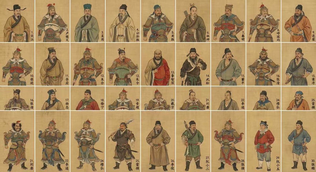 Water Margin top 30 characters grid in gongbi style - Prompt IA