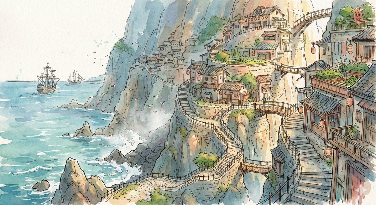 Preview image for Watercolor Cliffside Village Illustration prompt