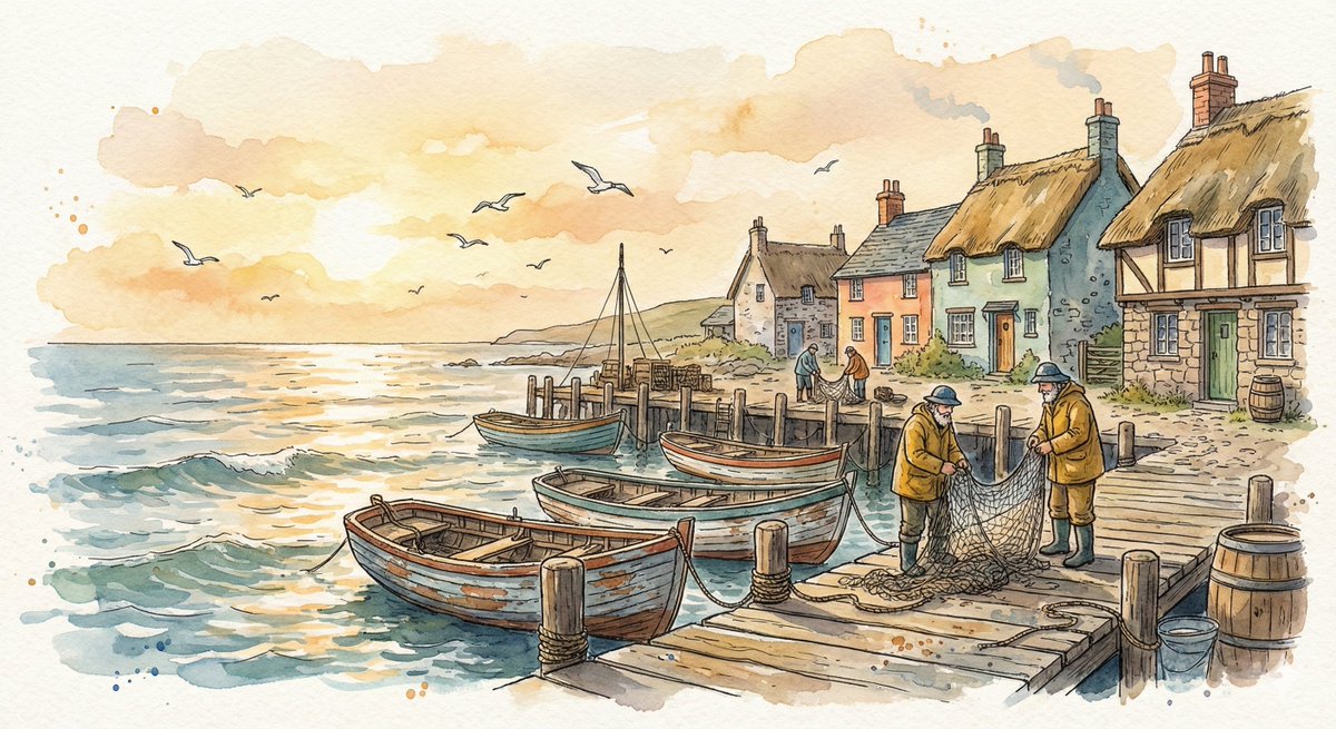 Preview image for Watercolor Illustration of a Cozy Seaside Harbor Village prompt
