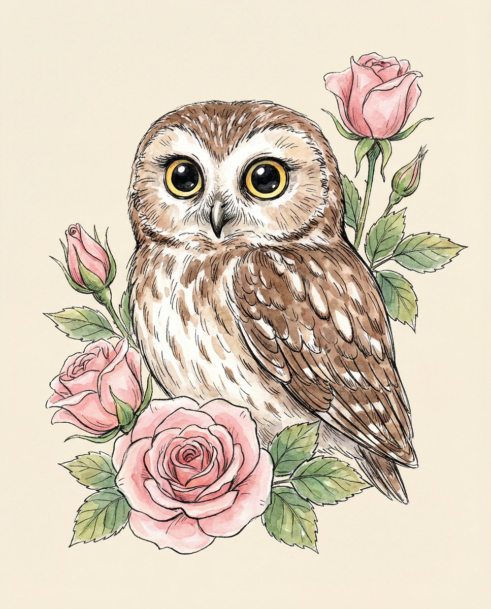 Preview image for Watercolor Illustration of a Cute Owl with Pink Roses prompt