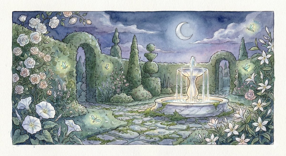 Preview image for Watercolor Illustration of a Magical Garden at Midnight prompt