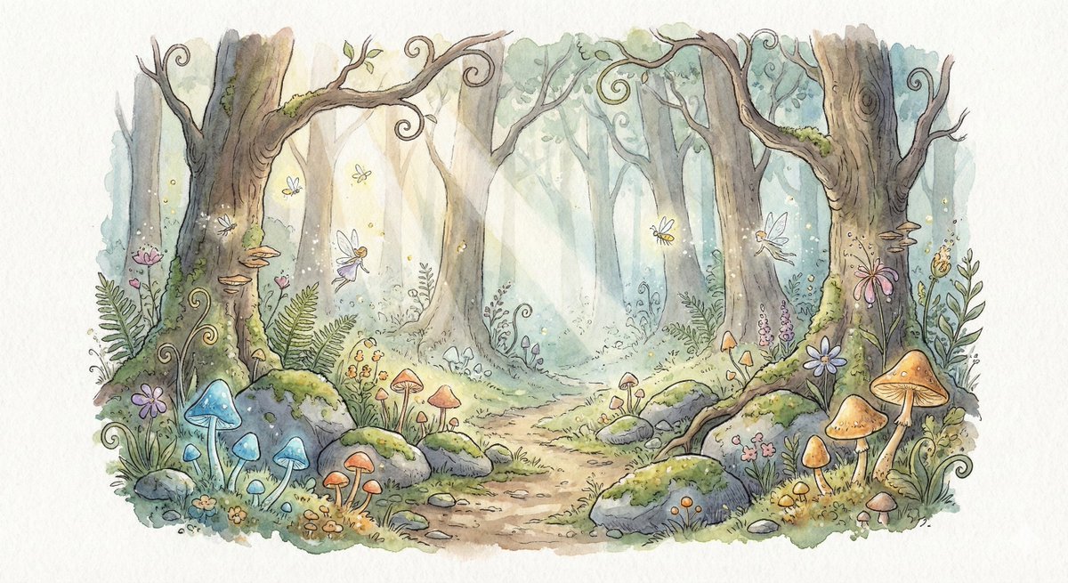 Watercolor Illustration of Enchanted Forest Clearing at Dawn - AI Art AI Generated Artwork