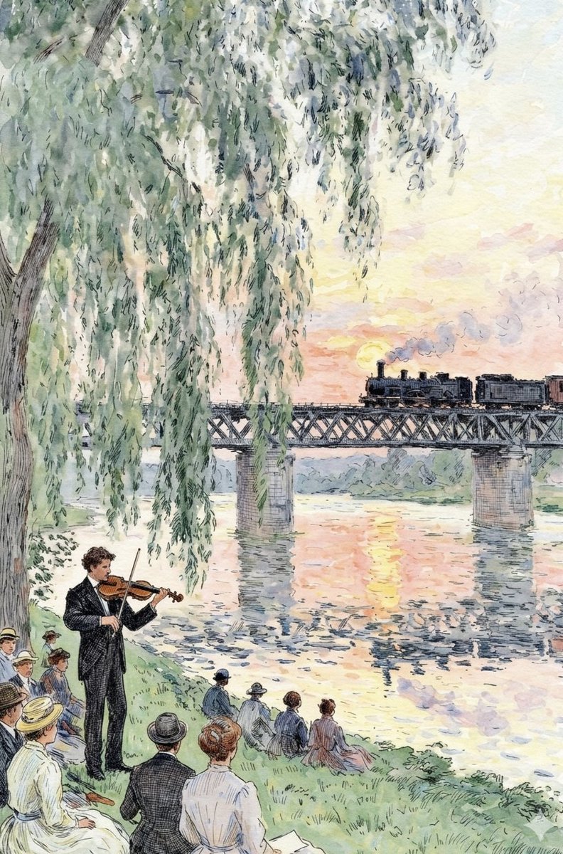 Preview image for Watercolor Riverside Violinist at Sunset prompt
