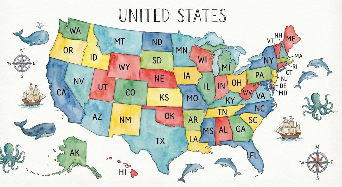 Watercolor US map with state abbreviations - AI Generated Traditional art Style Image Example