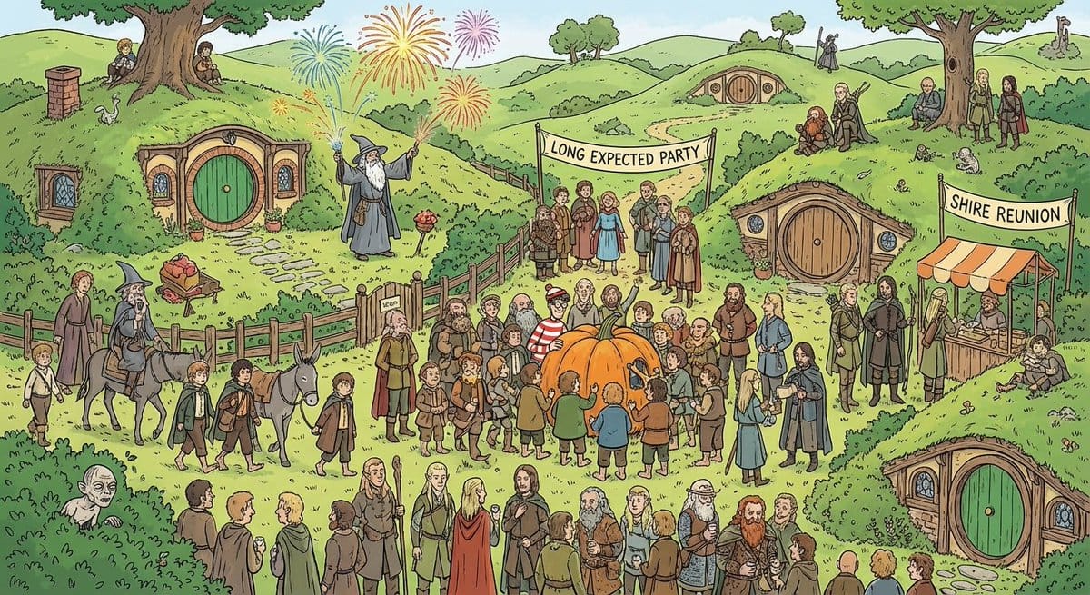 Where’s Waldo-style LOTR in the Shire - AI Generated Character Style Image Example