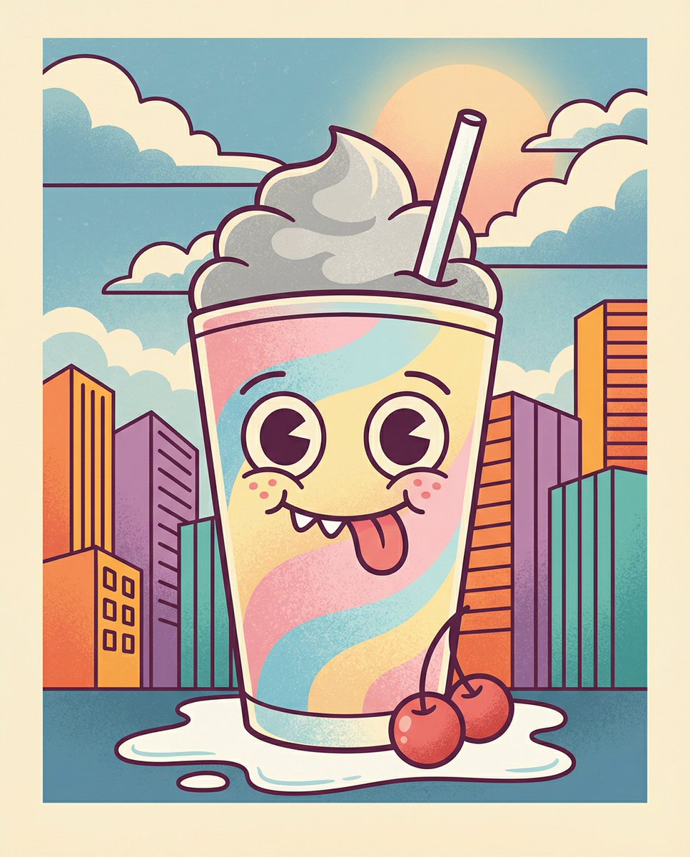 Preview image for Whimsical Cartoon Milkshake with City Skyline Background prompt
