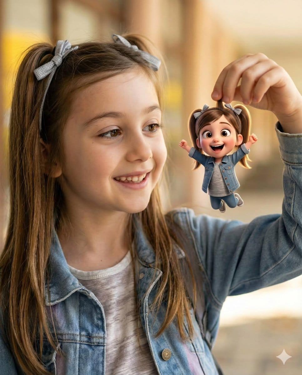 Whimsical Portrait Blending Realism with Tiny Pixar Character - Prompt IA