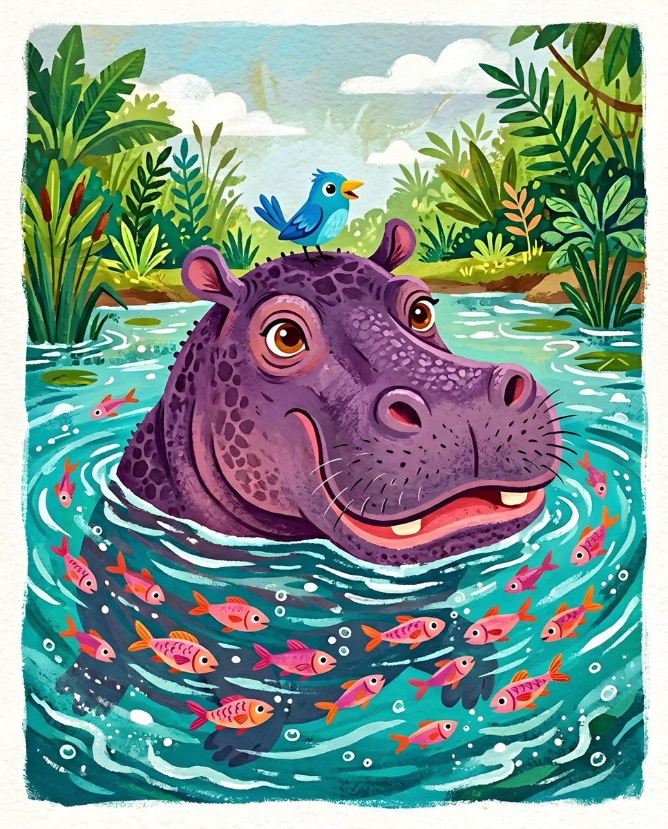 Whimsical Purple Hippo Illustration - AI Art AI Generated Artwork