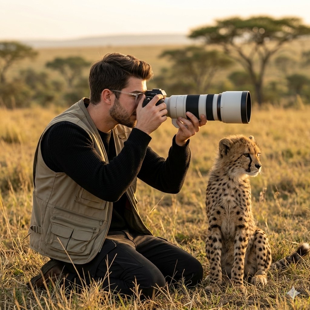 Wildlife Photographer with Cheetah Cub - AI Art AI Generated Artwork