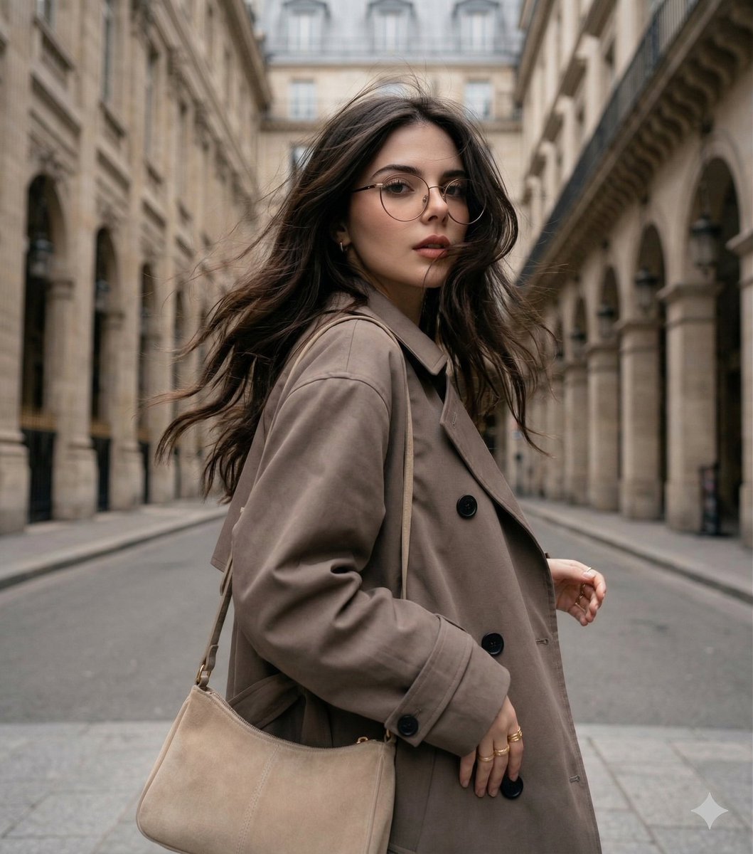 Windswept woman in a trench coat in a European street - AI Art AI Generated Artwork