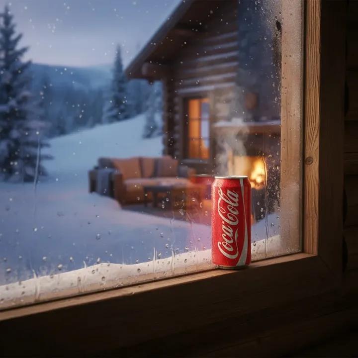 Winter Cabin Scene with Frosted Window and Coca-Cola Can - Prompt de IA
