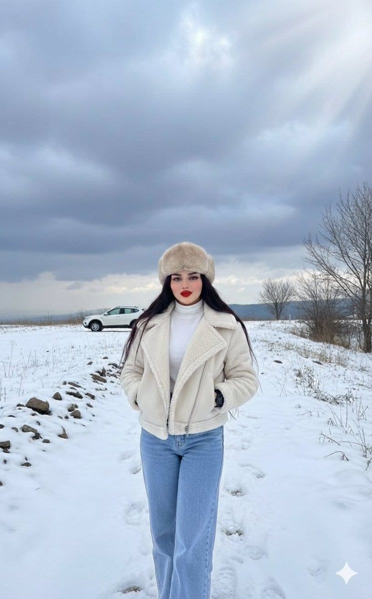 Winter Fashion Editorial in Snowy Field - Prompt IA
