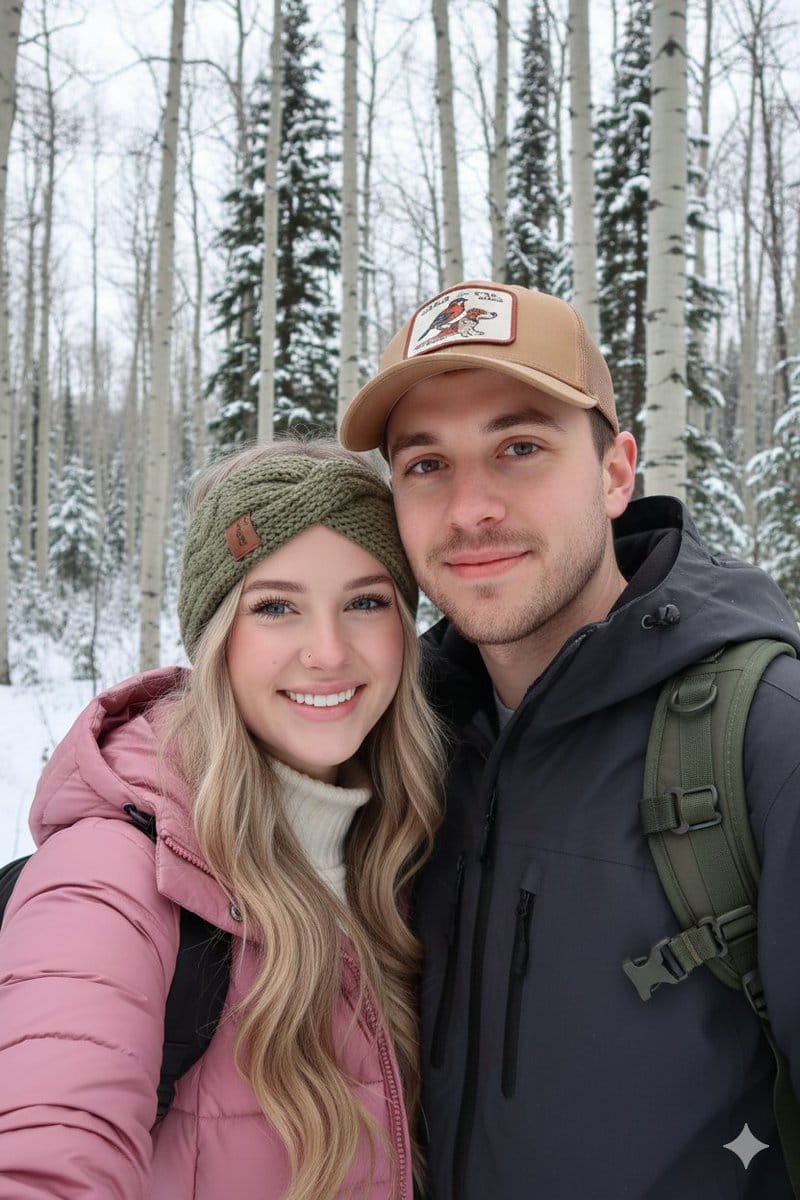 Winter Hiking Couple Selfie JSON Prompt - AI Generated Landscape Style Image Example