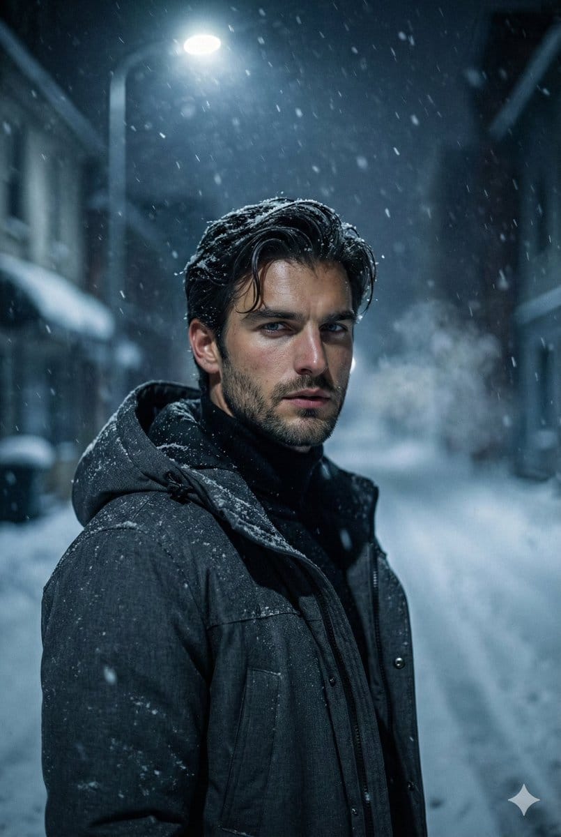 Winter Noir Cinematic Portrait of Man in Snowy Street - Prompt de IA