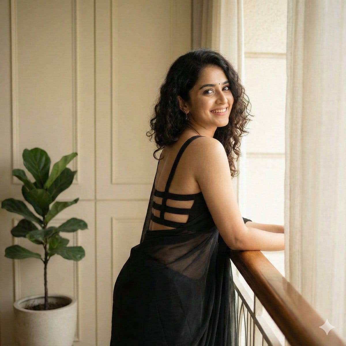 Woman in Backless Saree Leaning on Wooden Railing - AI Generated AI Art Style Image Example
