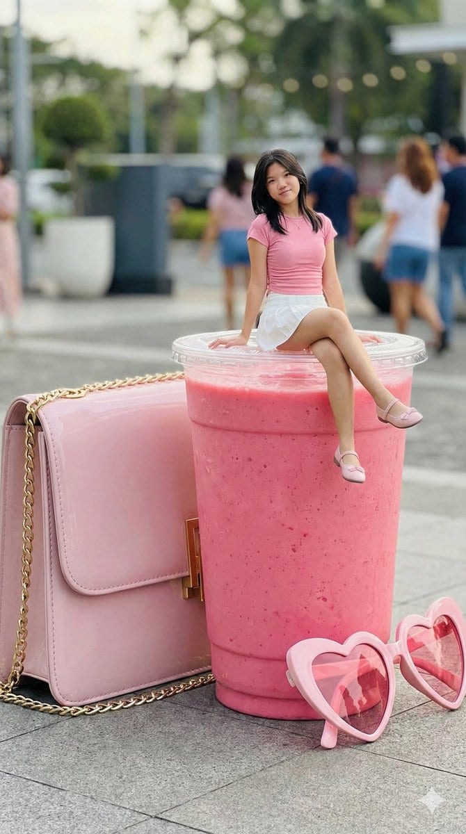 Woman on Oversized Milkshake Cup - AI 프롬프트