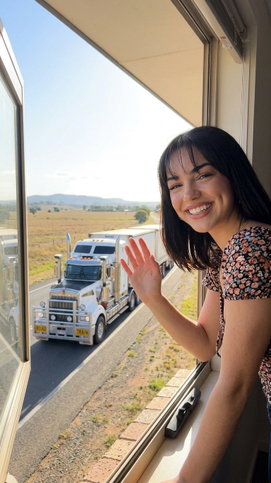 Woman Waving at a Semi-Truck on a Rural Highway
