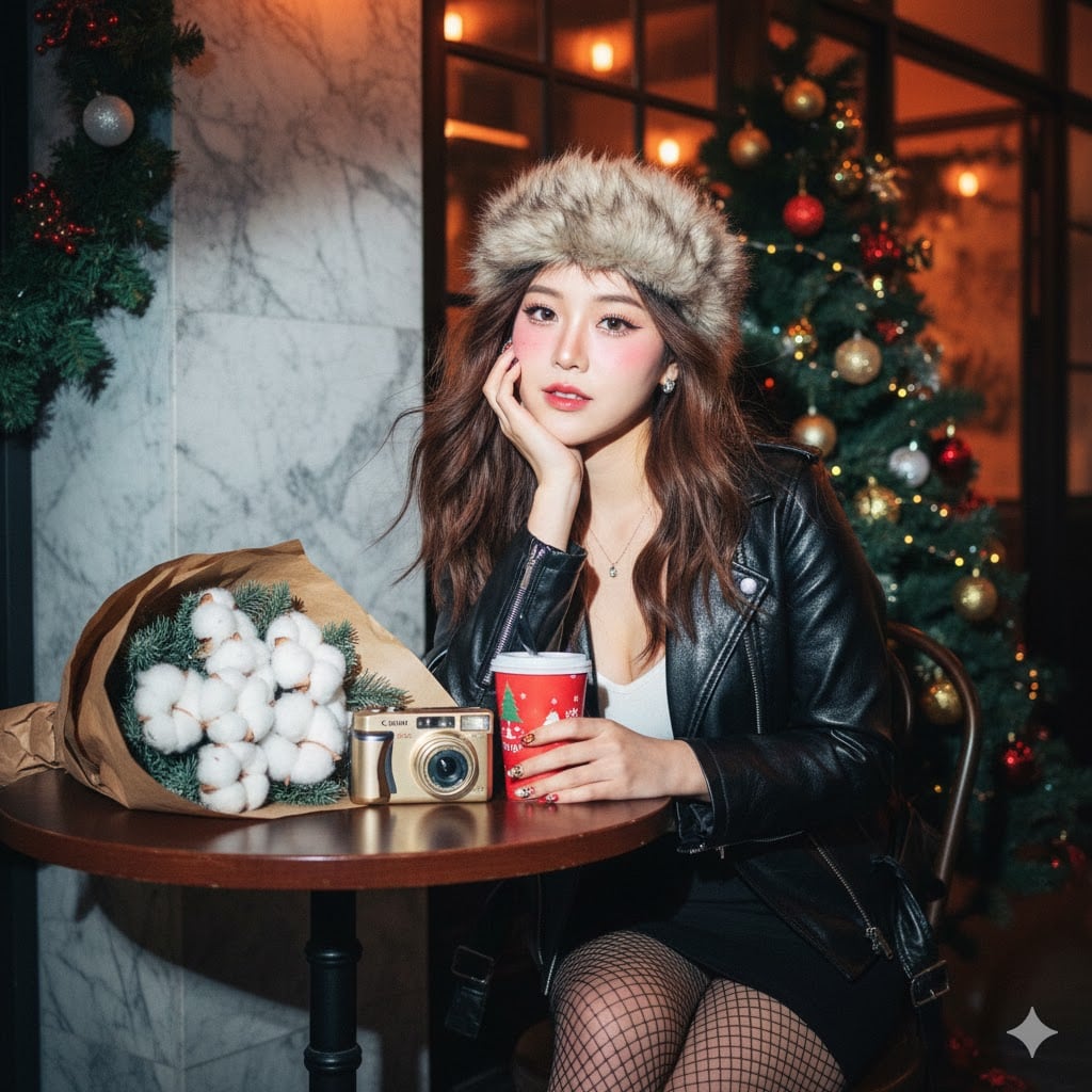 Y2K Flash Portrait at Christmas Cafe - AI 프롬프트