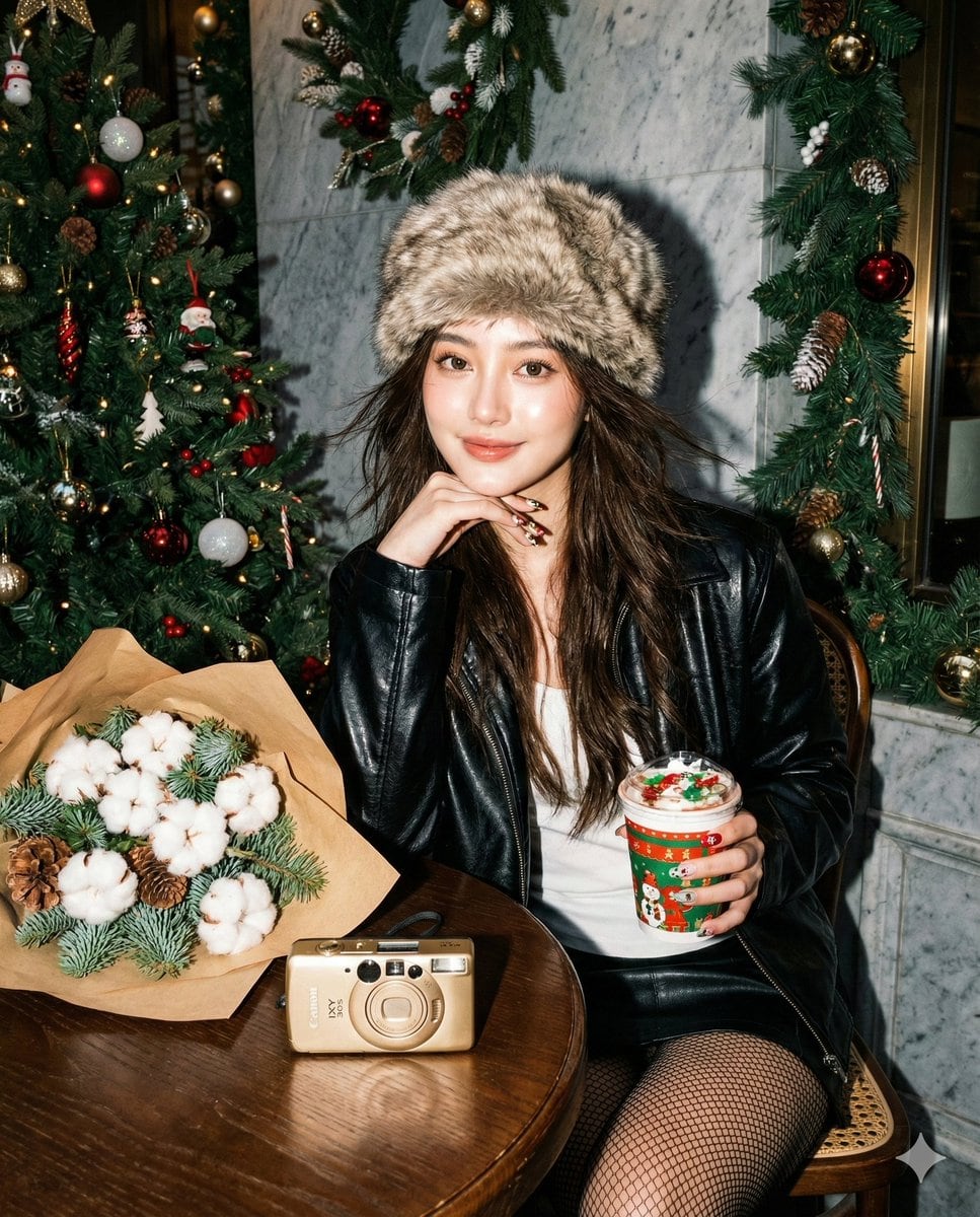 Y2K Flash Portrait in Christmas Café Prompt - Промпт ИИ
