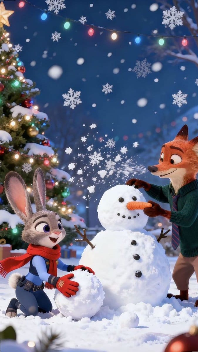 Zootopia Style Snowman Building Scene - نص توجيهي للذكاء الاصطناعي