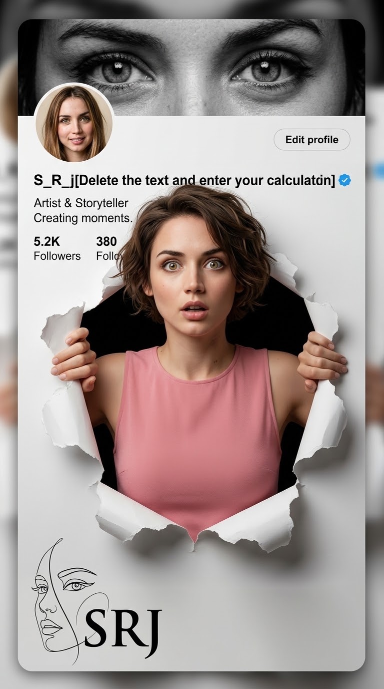 A 3D image showing an Instagram or Facebook account and the character as if they are tearing the pag KI-Anweisungsbeispiel