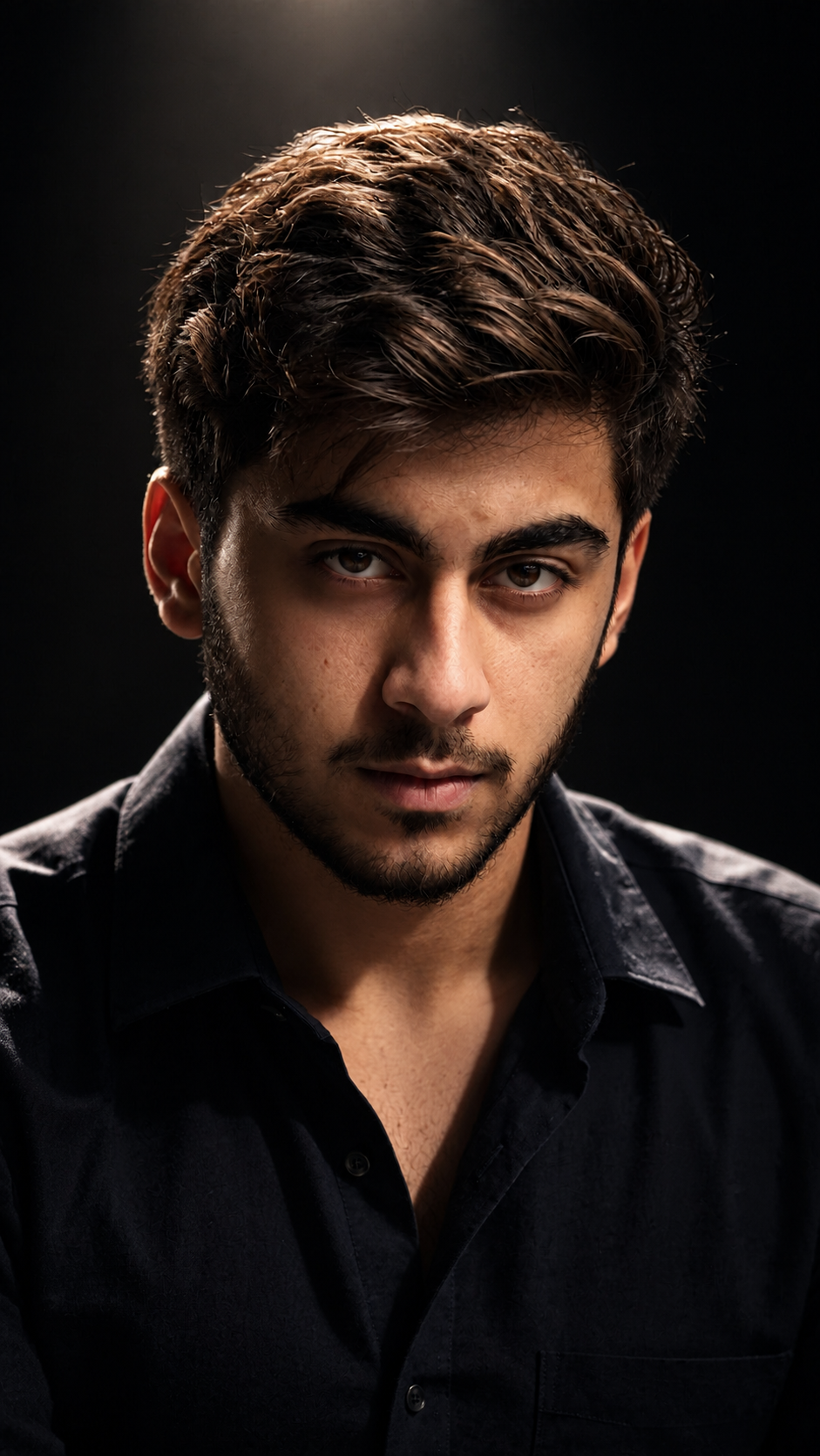 Cinematic Dark Portrait of a Young Man Ultra-Realistic Studio Photography KI-Anweisungsbeispiel