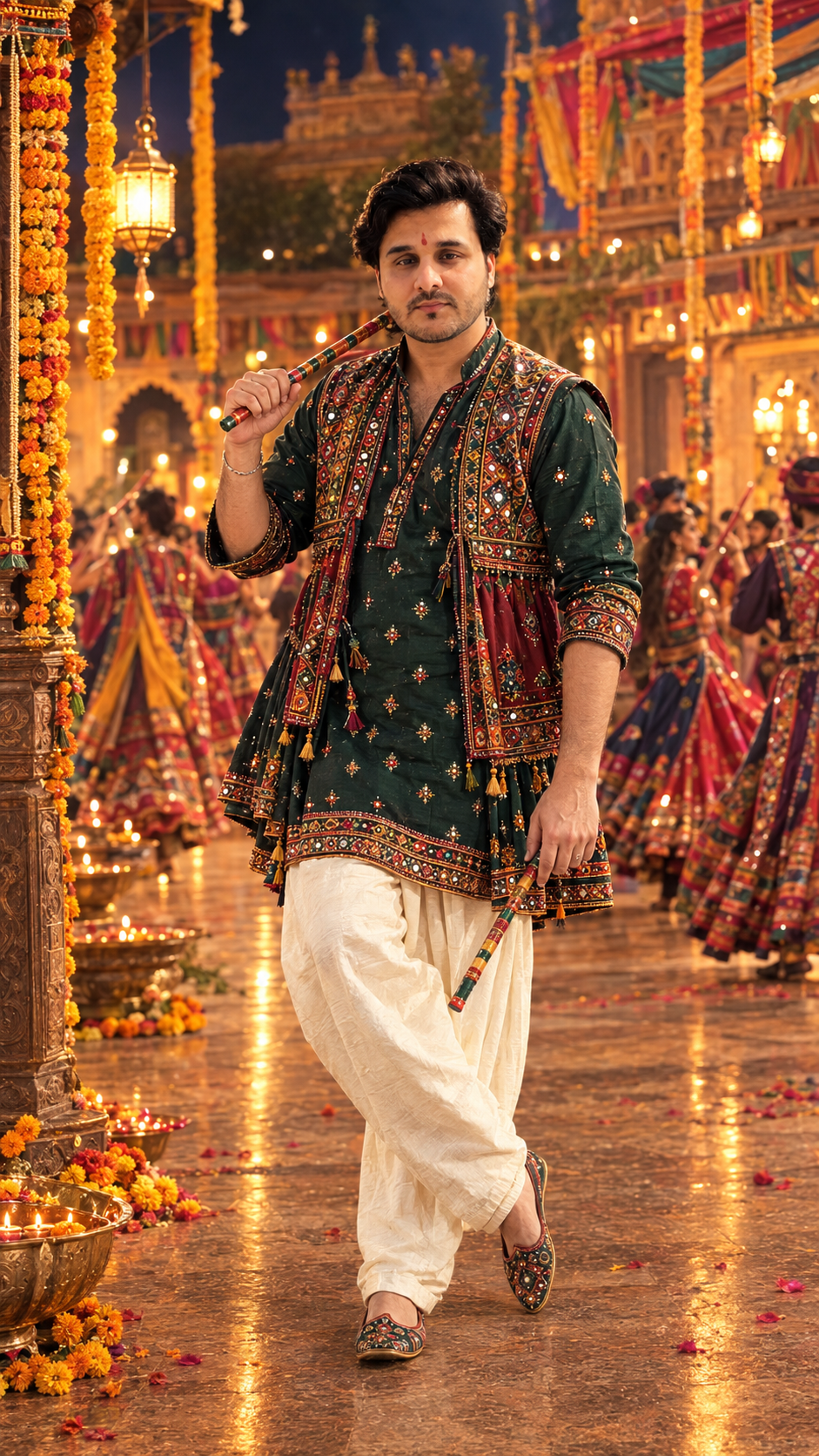 Cinematic Gujarati Navratri fashion portrait AIプロンプト例