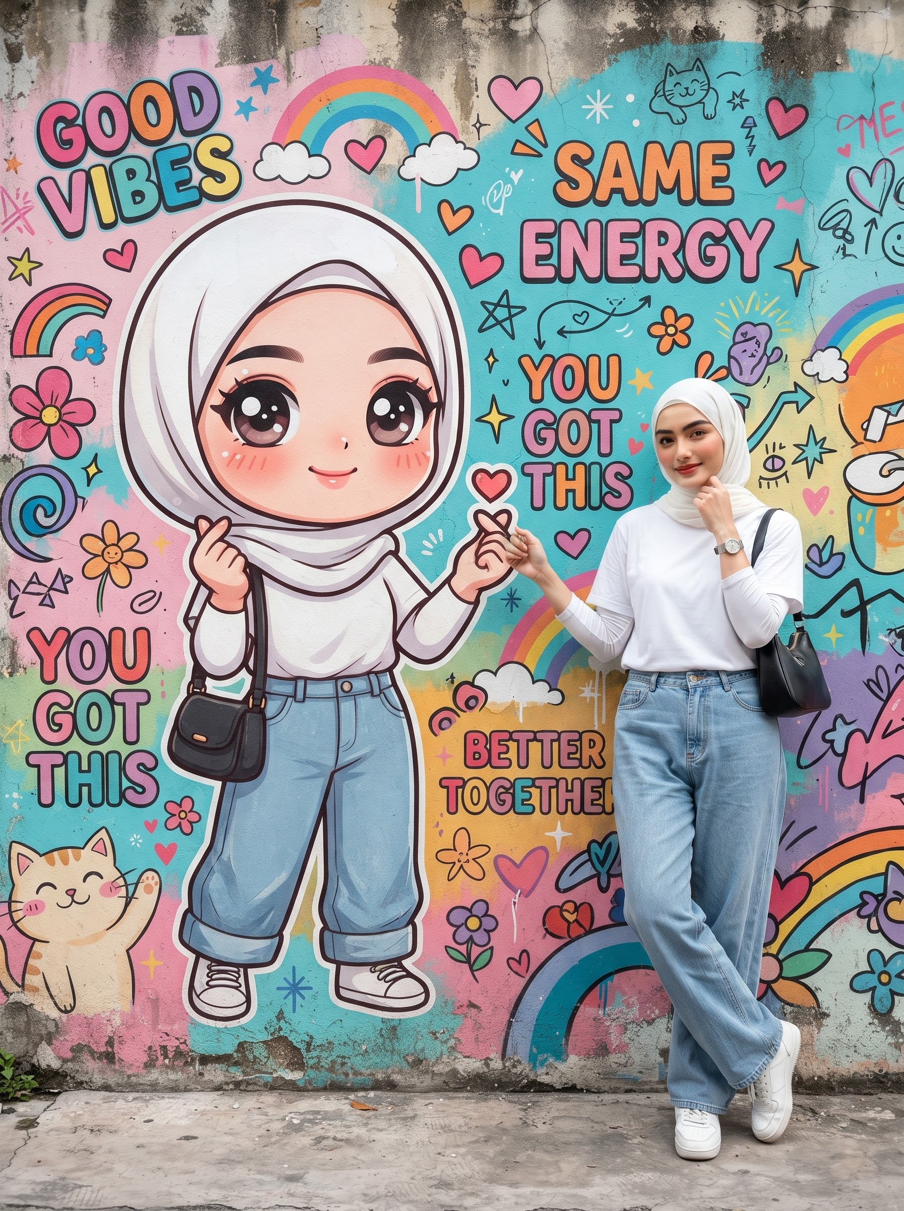 Пример запроса к ИИ: Cute Chibi Graffiti Mural Illusion