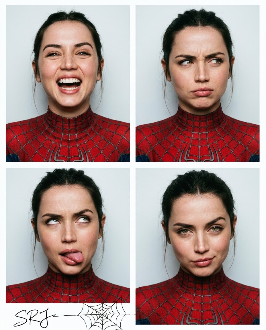 Four snapshots of the girl with cute facial expressions. Spider costume KI-Anweisungsbeispiel