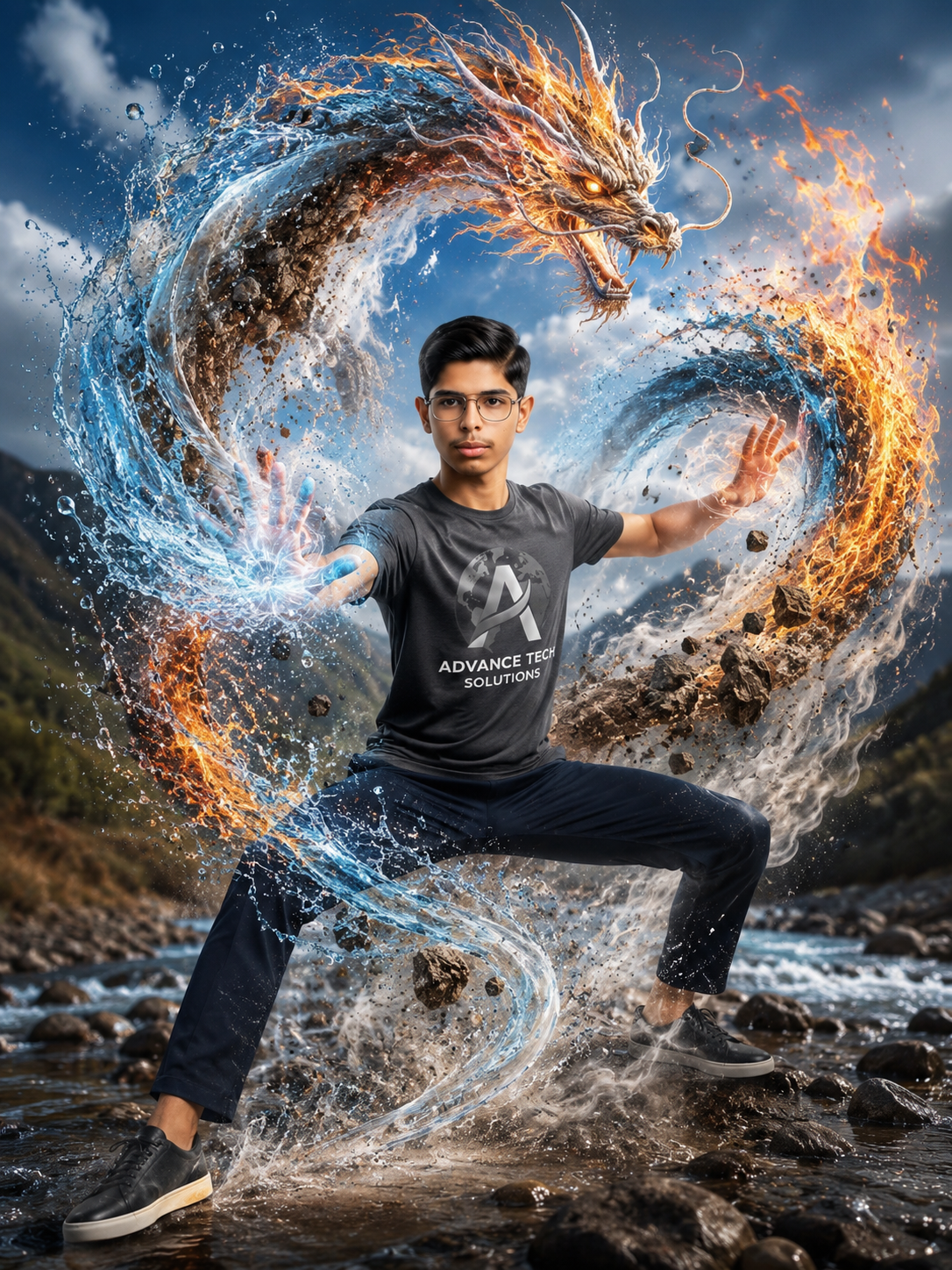 A hyper-realistic 8K cinematic up-close photo of a man (use attached photo) performing an avatar ben AI提示词示例