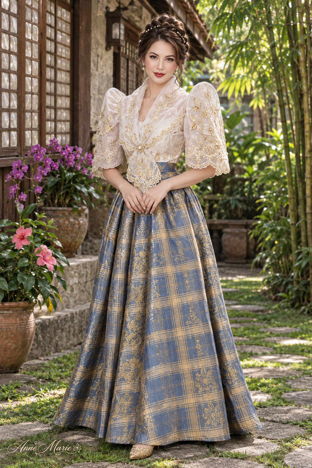 Exemple d'instruction d'IA A modest Filipina woman in her traditional dress