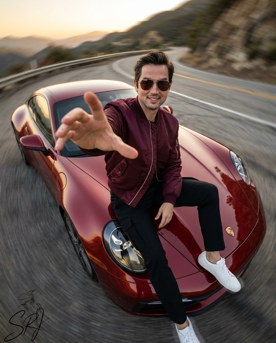 A professional photo of a young man in a red Porsche accelerating at a professional speed. KI-Anweisungsbeispiel