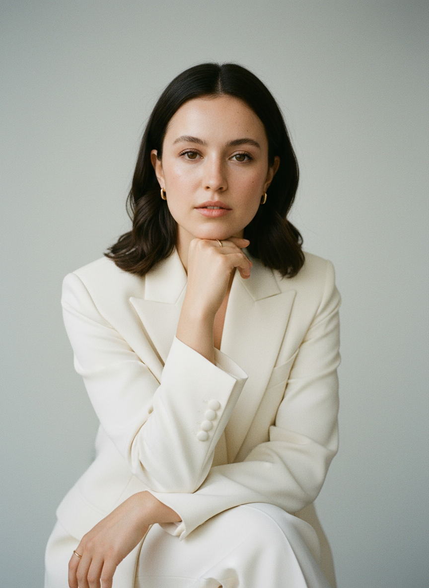Woman in Minimalist White Suit KI-Anweisungsbeispiel